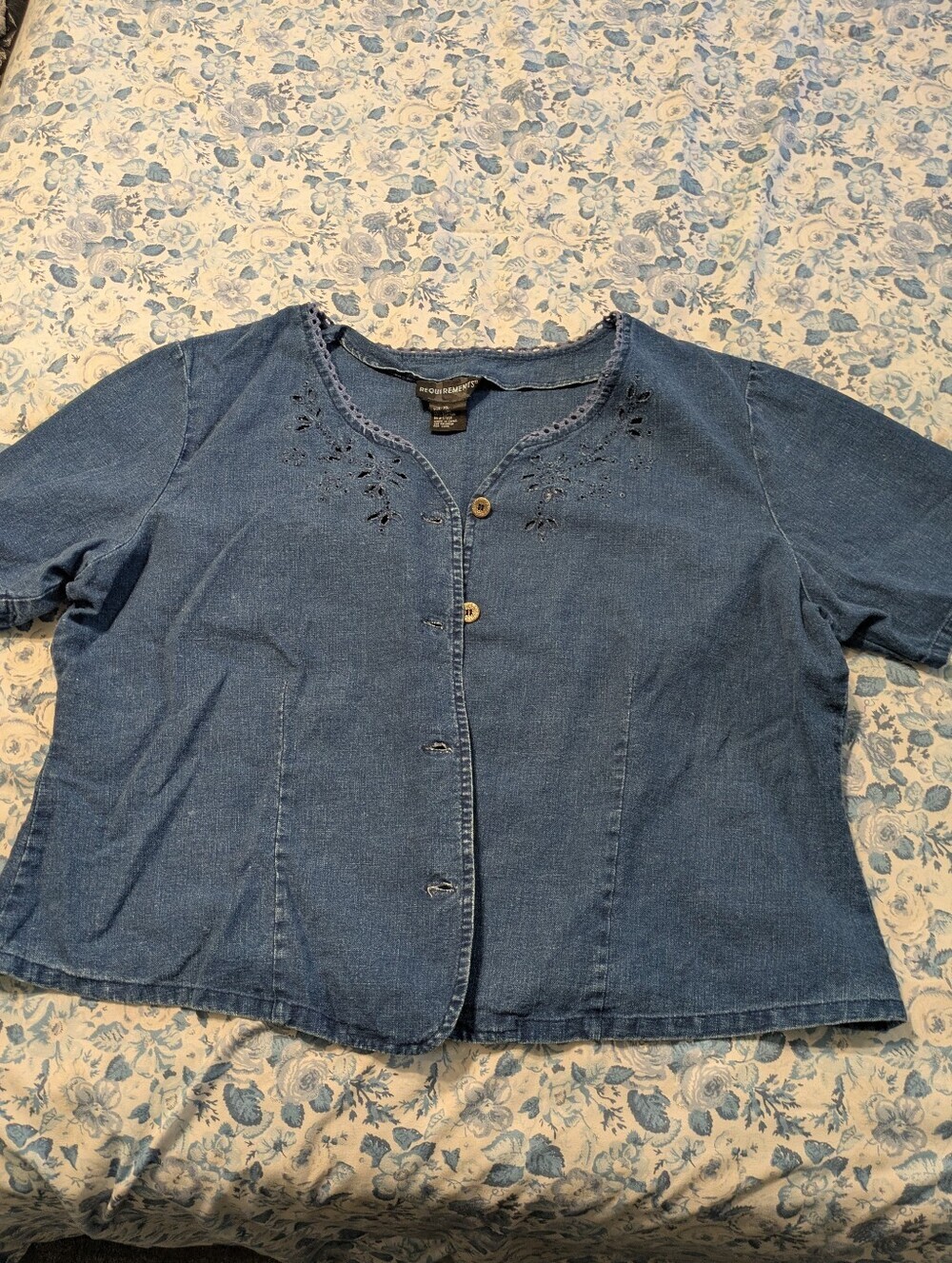 Requirements Short Sleeve Embroidered Cotton/Linen Blouse - Blue